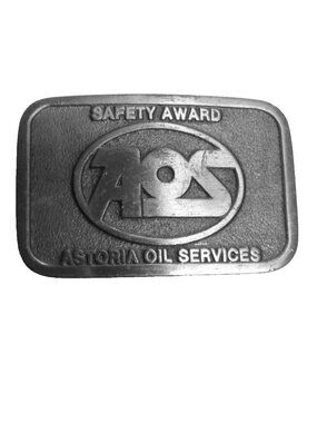 Astoria Oil Services Safety Award Belt Buckle Vintage Metal Pewter Made In USA